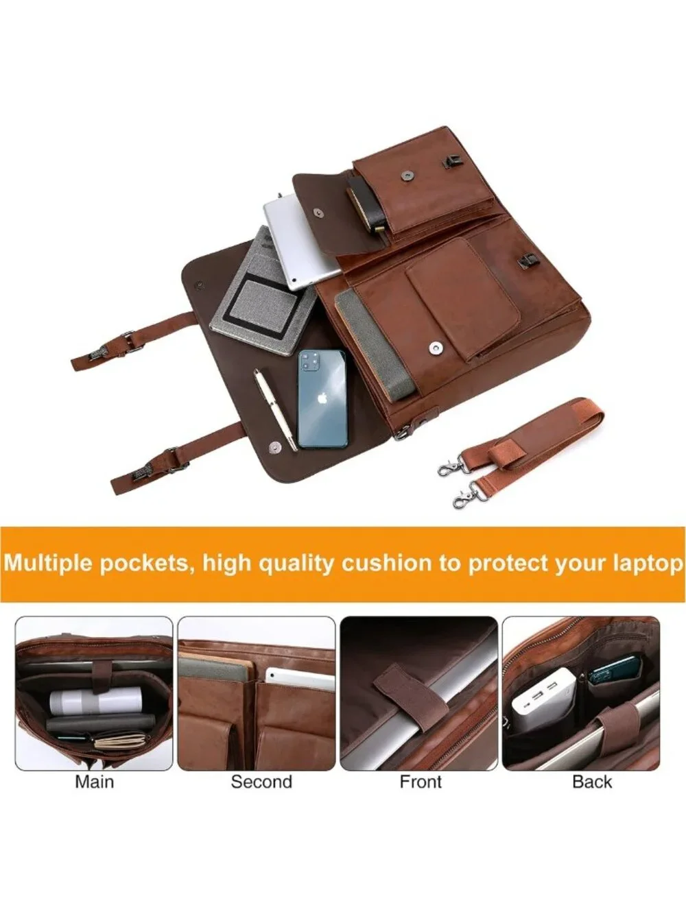 Vintage Leather Messenger Bag for Men, 15.6